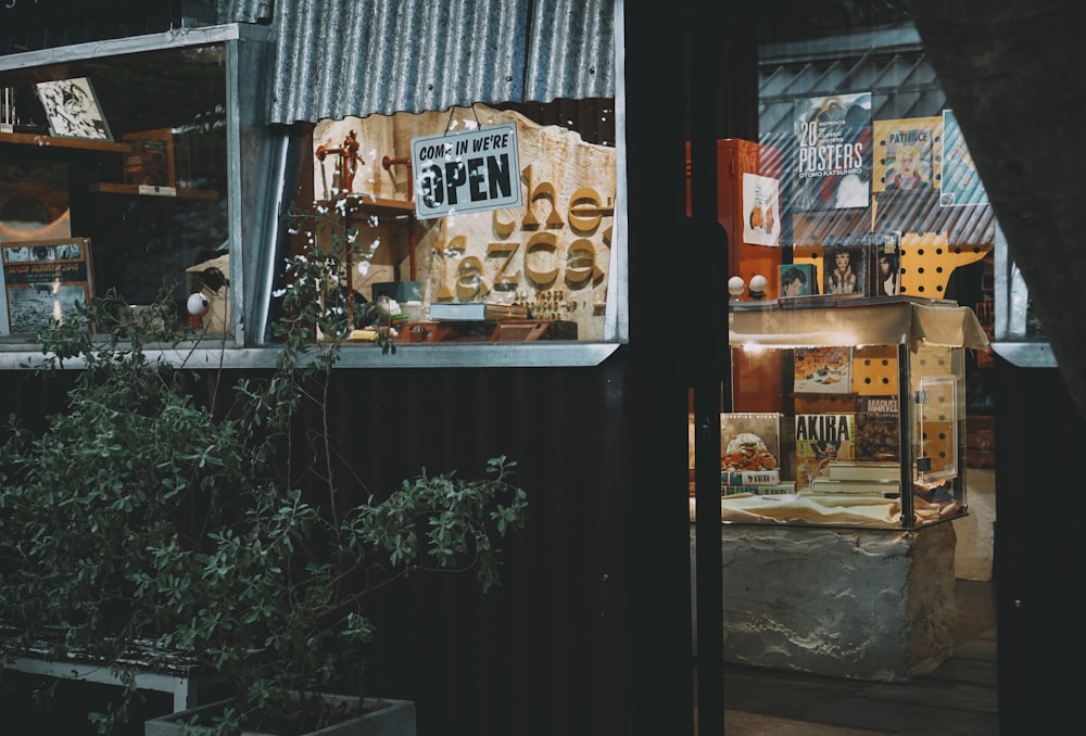 a store front with signs