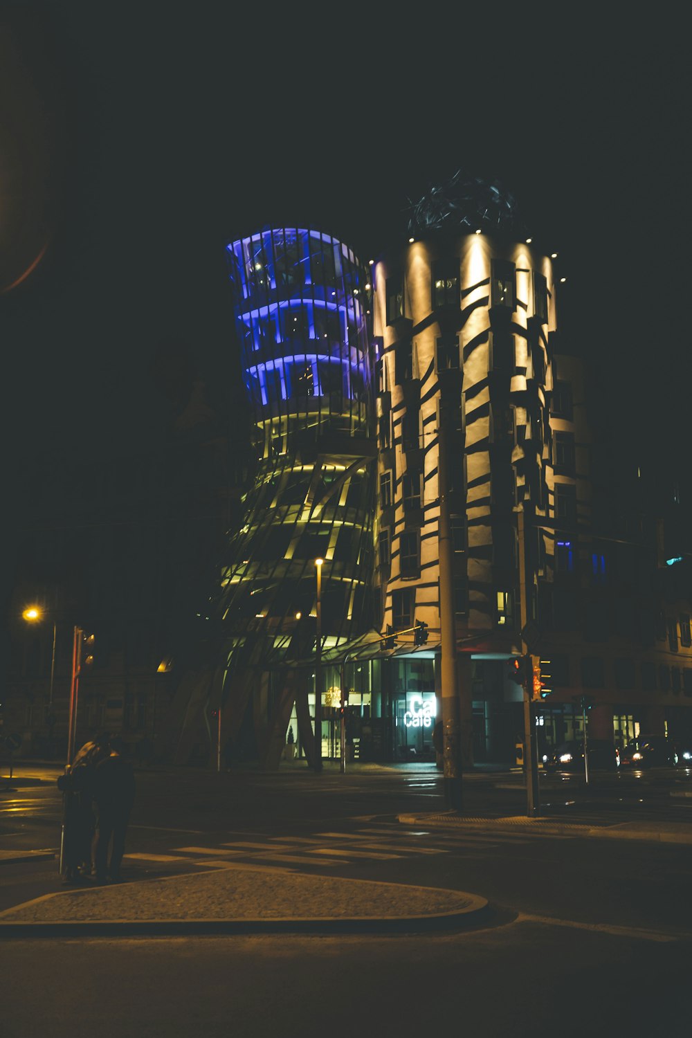 a building with lights on at night