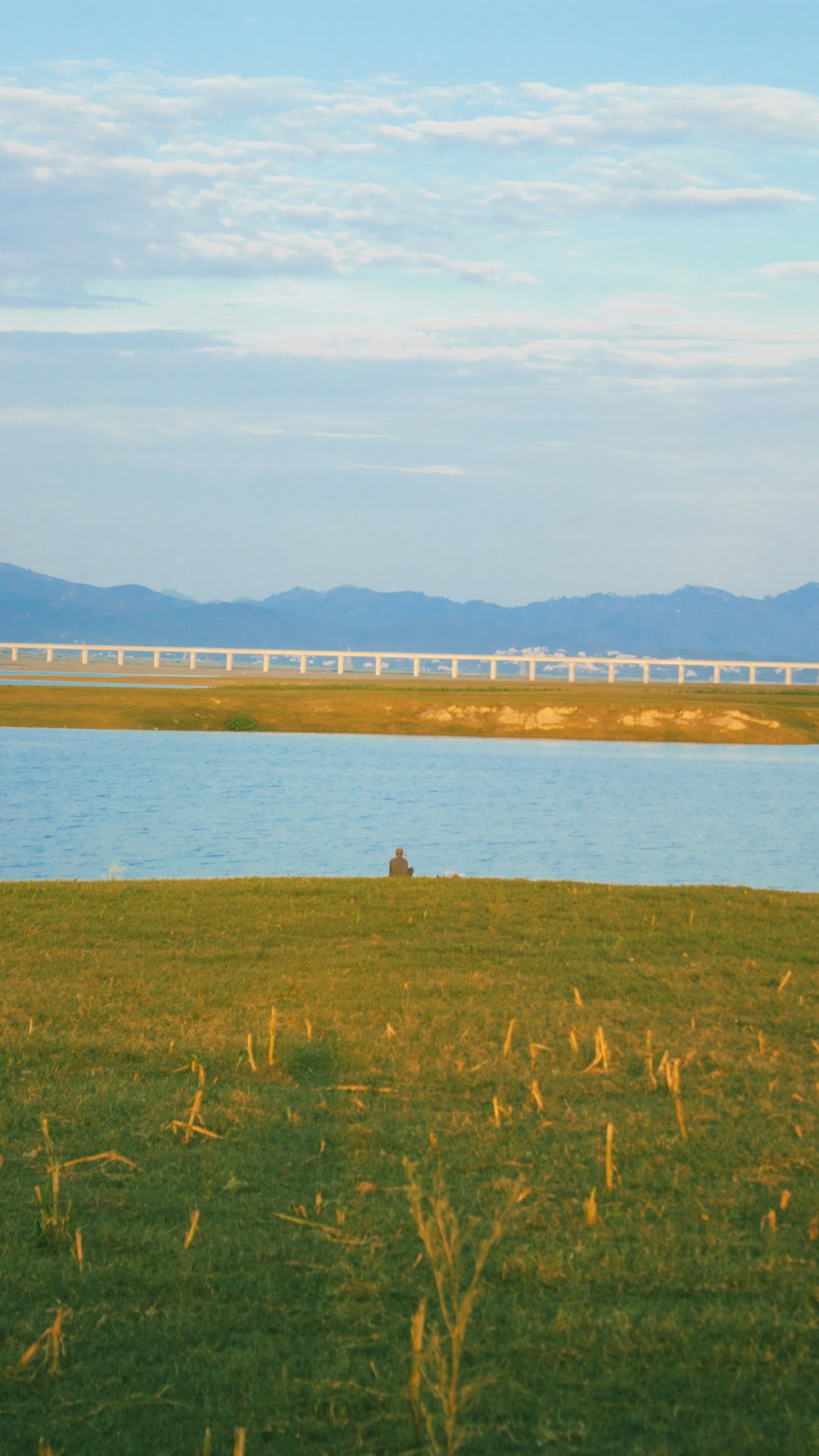 a train going by a lake