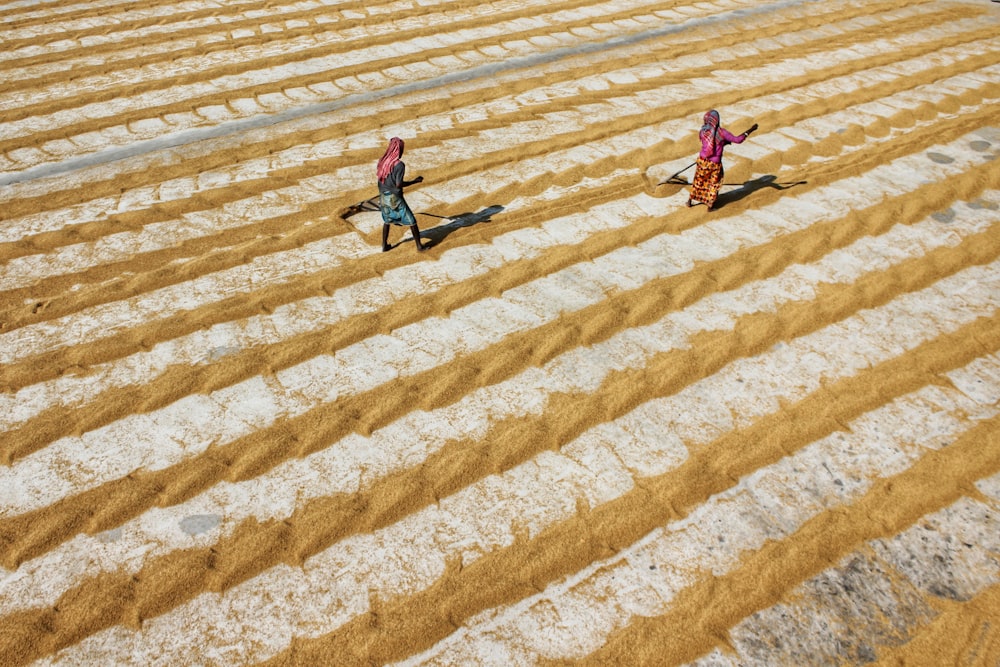 a couple of people walking through a sand dune