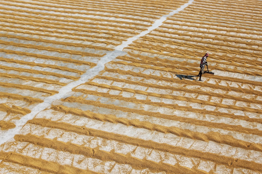 a person walking on a sand dune