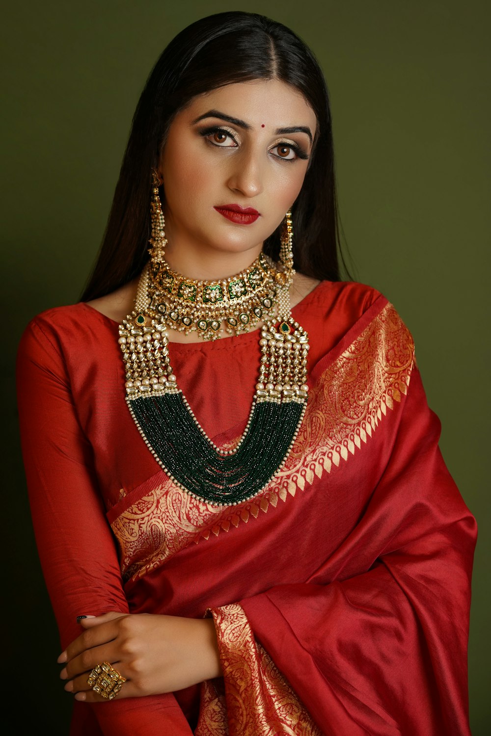 a woman in a red dress