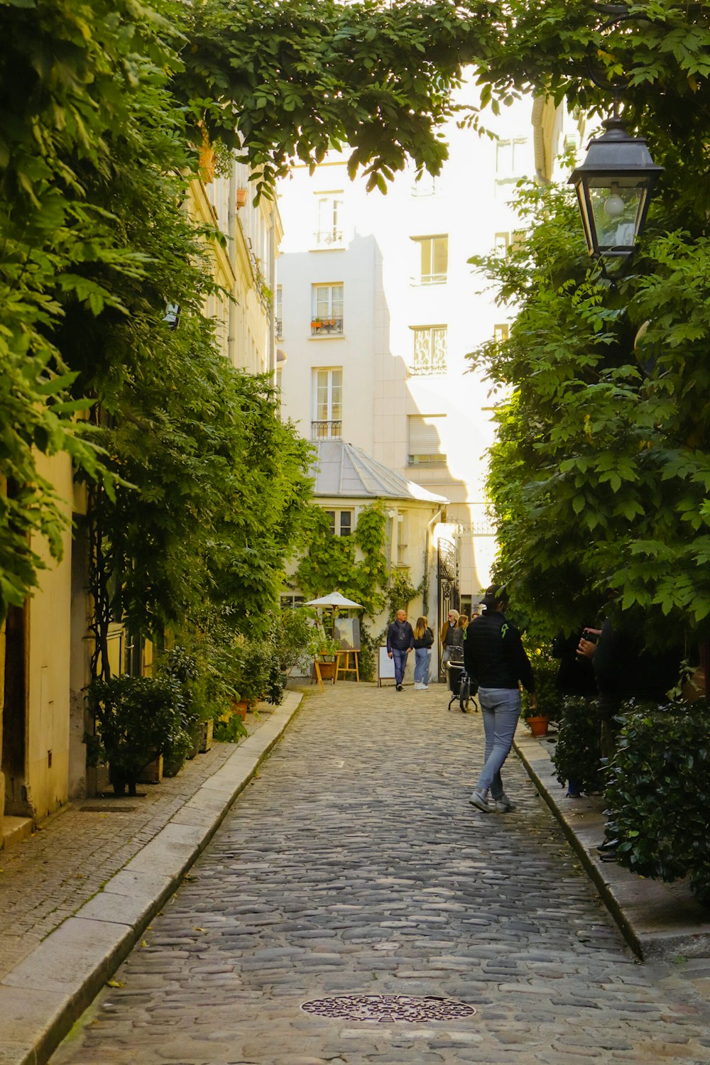 a person walking down a sidewalk in front of a house