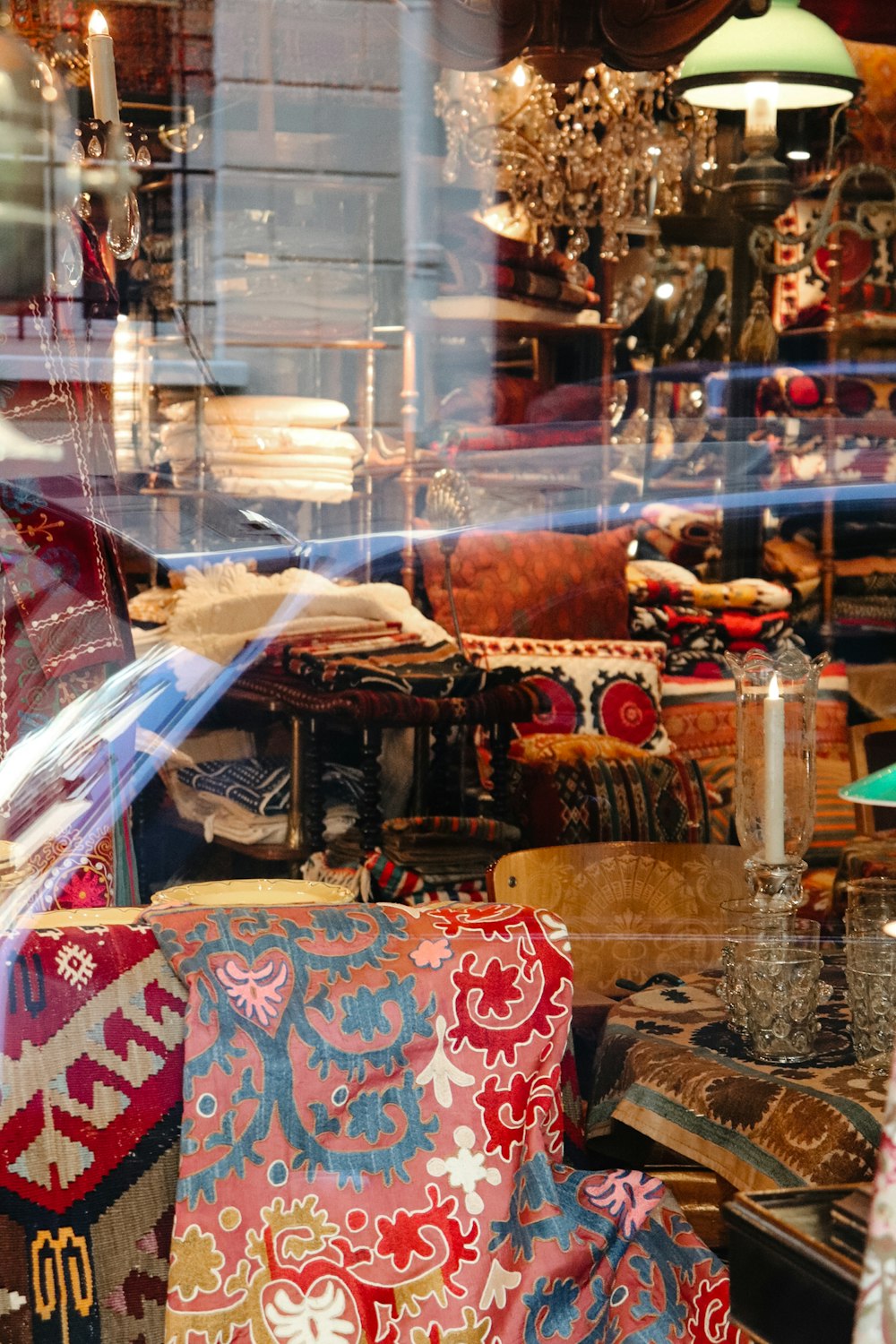 a store window with various items