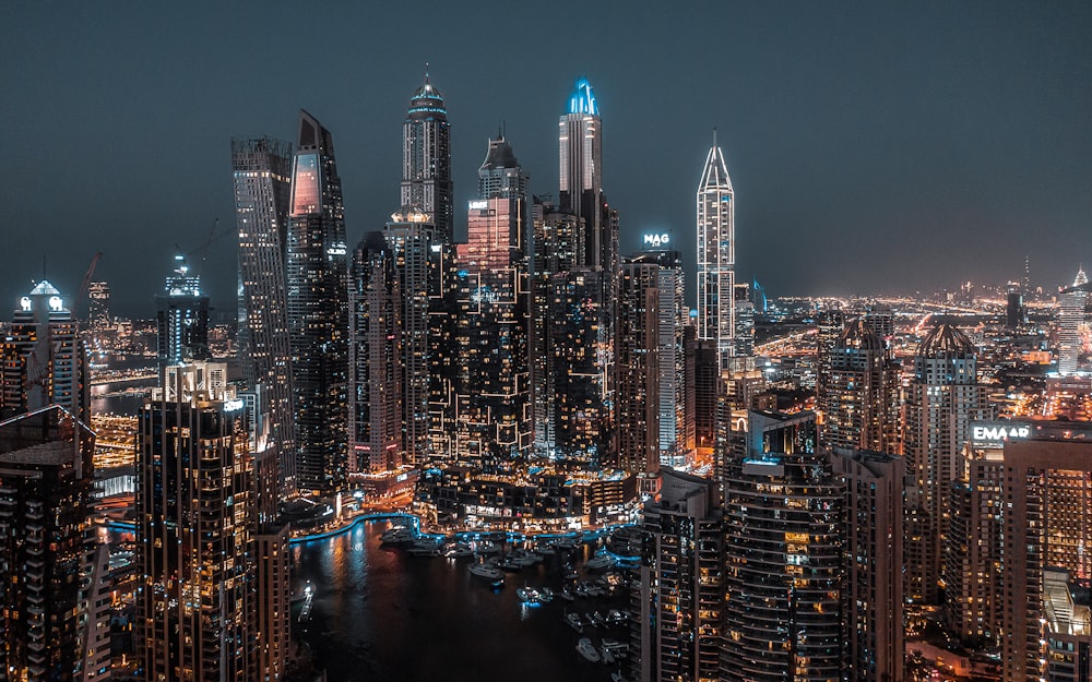 a city skyline at night