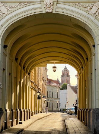 a walkway with a building in the background