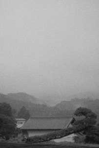 A peaceful rural landscape featuring an old-style building with a traditional tiled roof set against a backdrop of misty mountains. The scene is captured in grayscale, adding a nostalgic and calm ambiance. Trees and shrubs surround the building, contributing to the tranquil atmosphere.