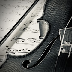 A close-up of a violin and sheet music on a stand.