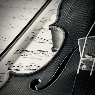 A close-up of a violin and sheet music on a stand.