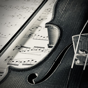 A close-up view of a violin intersecting with a sheet of music. The strings and body of the violin contrast with the musical notes printed on the page. The scene is captured in black and white, highlighting the textures and details of the wood grain and inked sheet.