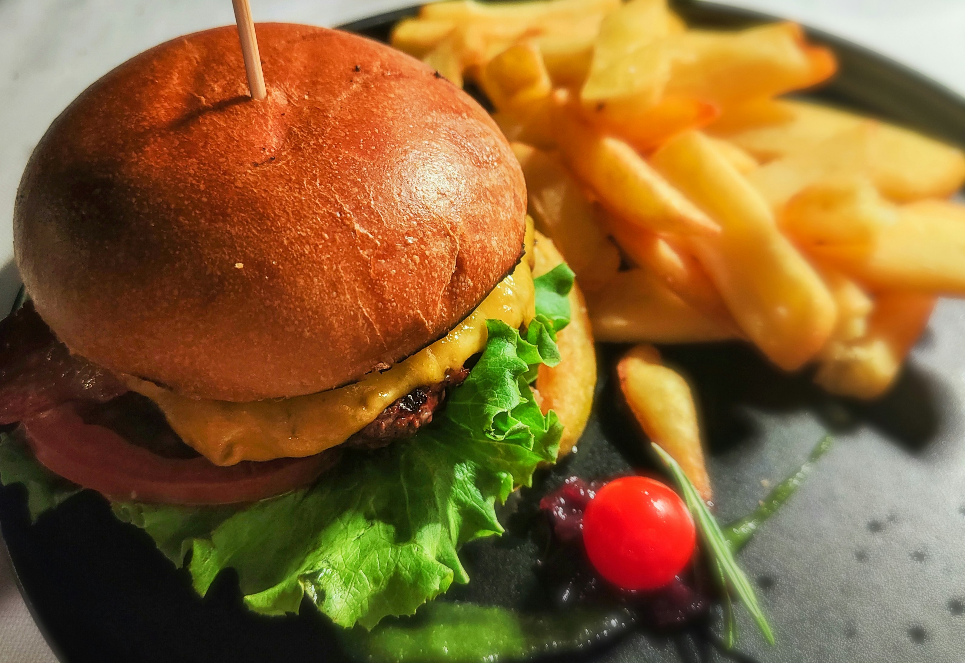 Juicy burger and fries at Gates Restaurant
