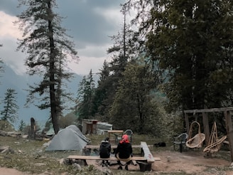 A camping scene with a tent set up among tall pine trees, with two people seated at a wooden table overlooking a mountainous and forested landscape. There are chairs and a swing nearby, and the sky is overcast, suggesting a calm, serene environment.