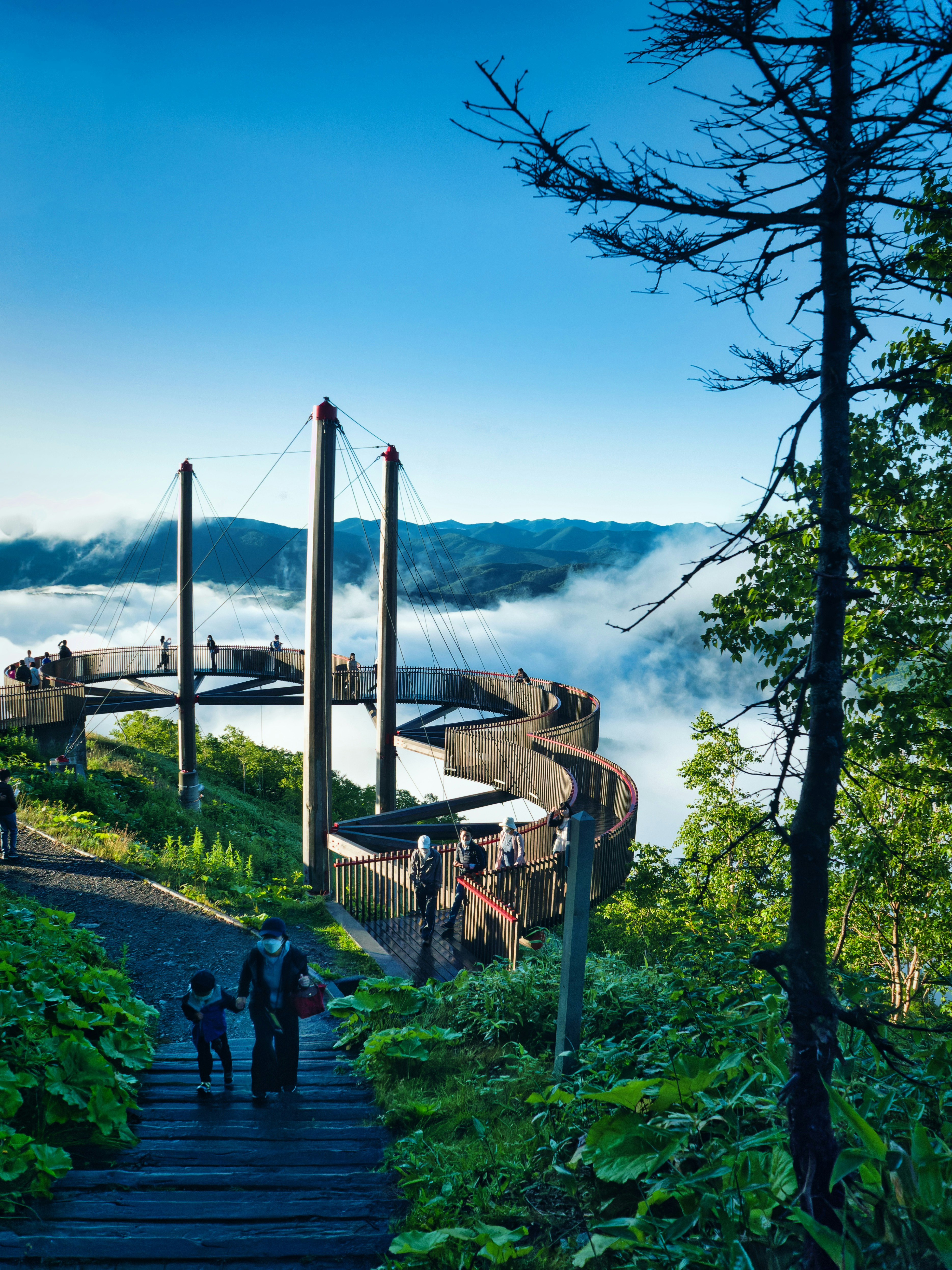 a group of people walking on a path next to a building with a mountain in the background