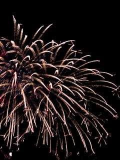 A dramatic scene of multi-layered fireworks creating intricate patterns against the dark sky.