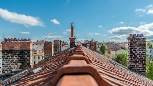 A rooftop scene featuring multiple brick chimneys with a clear, blue sky in the background. The foreground shows an angled view along a red-tiled roof, and various buildings with different colored facades are visible in the distance. Green trees are interspersed among the buildings, adding a touch of nature to the urban setting.
