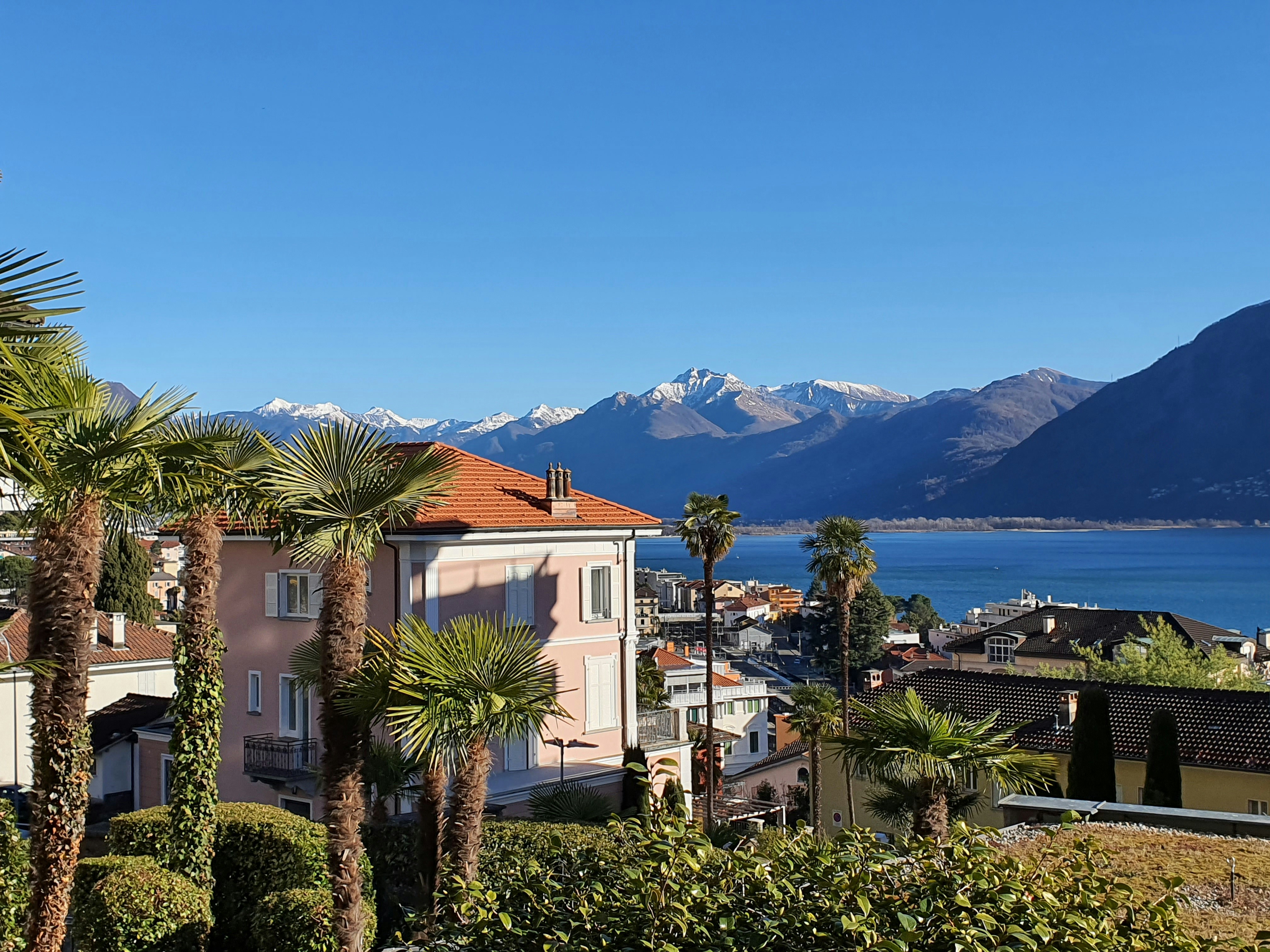 a building with trees and a body of water in the background