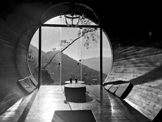 a large room with a large window