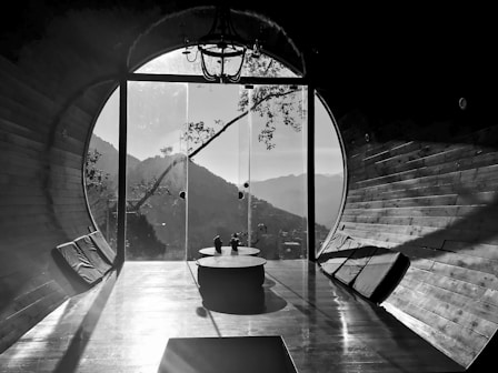 a large room with a large window