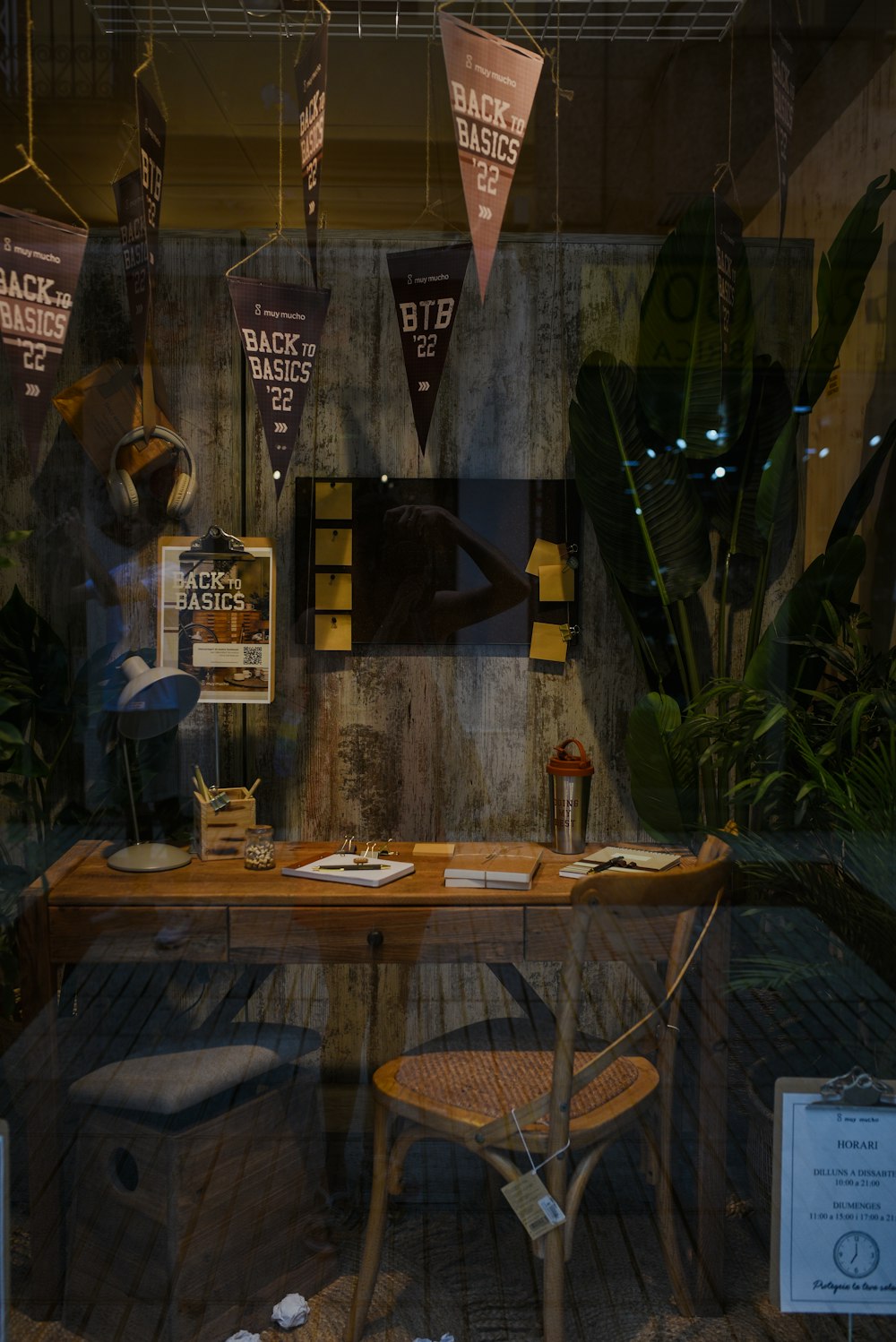 a table with a chair and flags