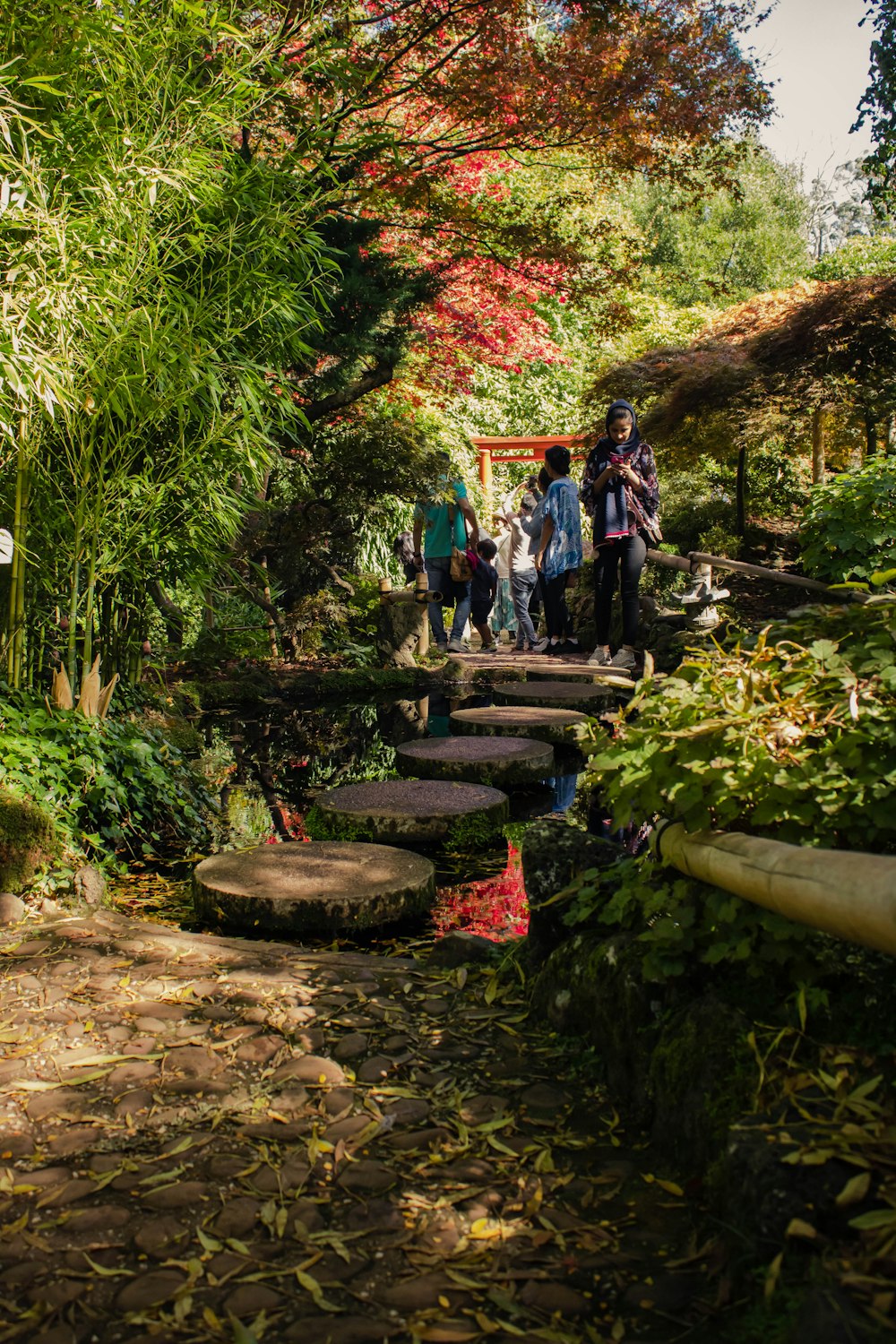 a group of people standing on a stone staircase in a garden