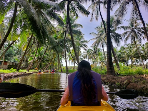 A person is kayaking along a narrow waterway surrounded by lush, towering palm trees. The water reflects the greenery and the clear sky, creating a serene and tropical atmosphere. Other kayakers can be seen ahead, moving along the same path.