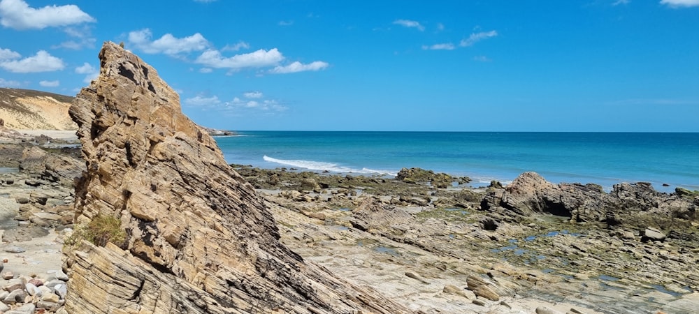 a rocky beach with a body of water in the background