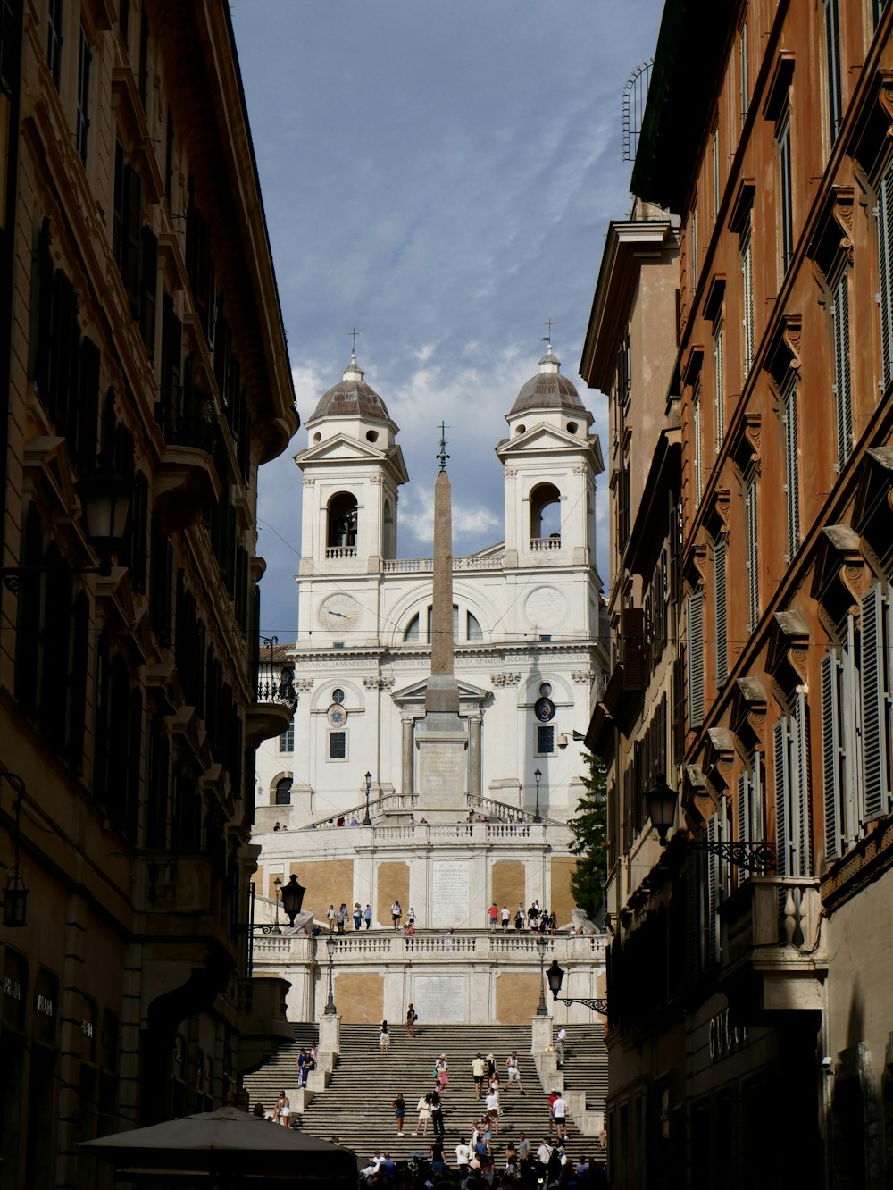 a white building with a tower