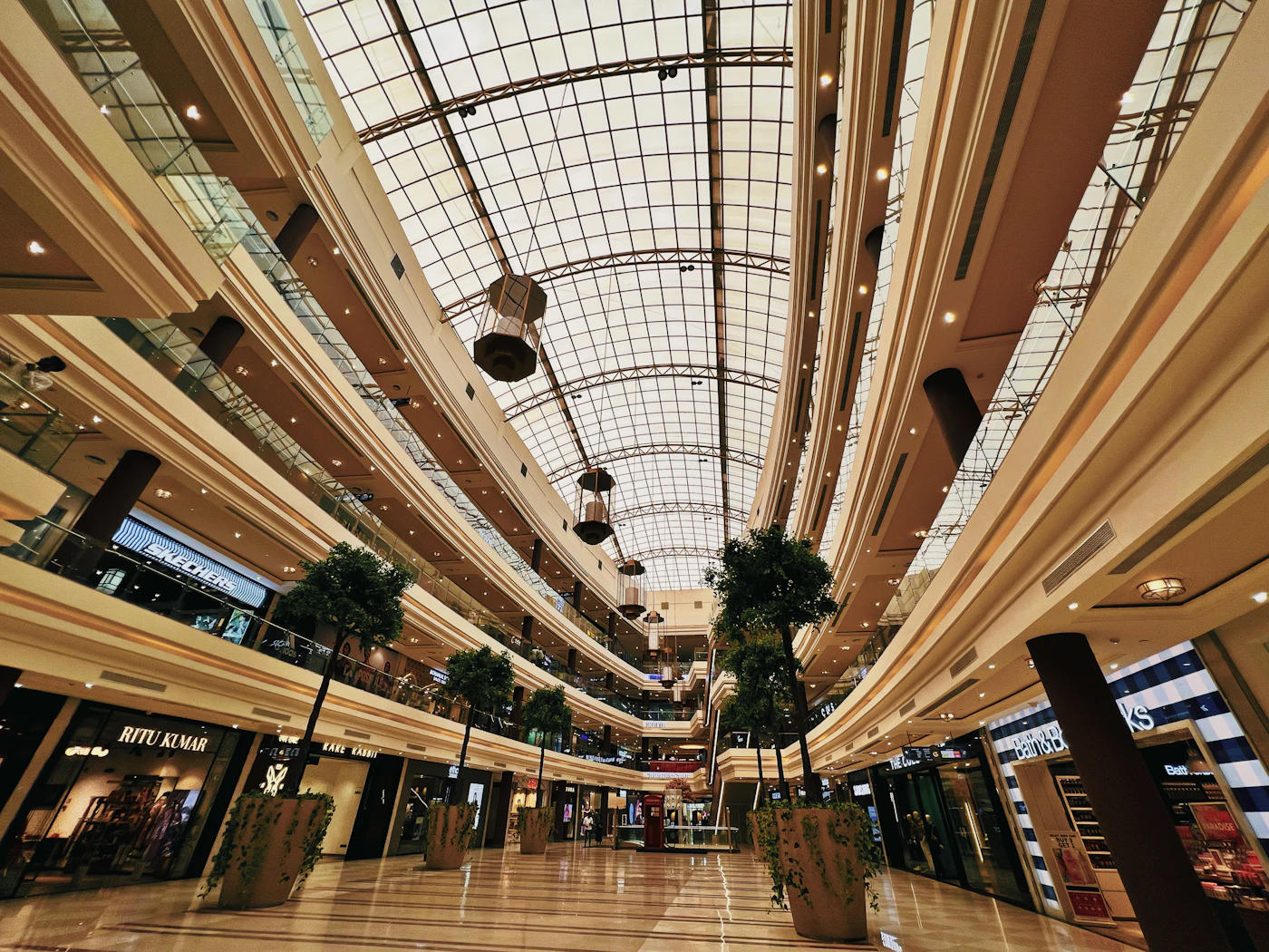 Modern shopping mall interior seating area