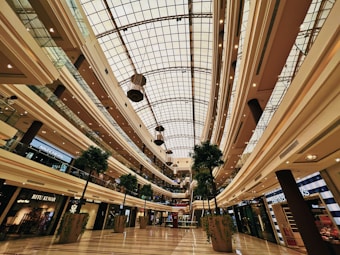 A spacious and elegant multi-story shopping mall interior featuring large potted plants and several storefronts. The high, curved ceiling is made of glass and metal, allowing natural light to illuminate the area. The design includes polished floors and a symmetrical arrangement of lighting along the walkways.