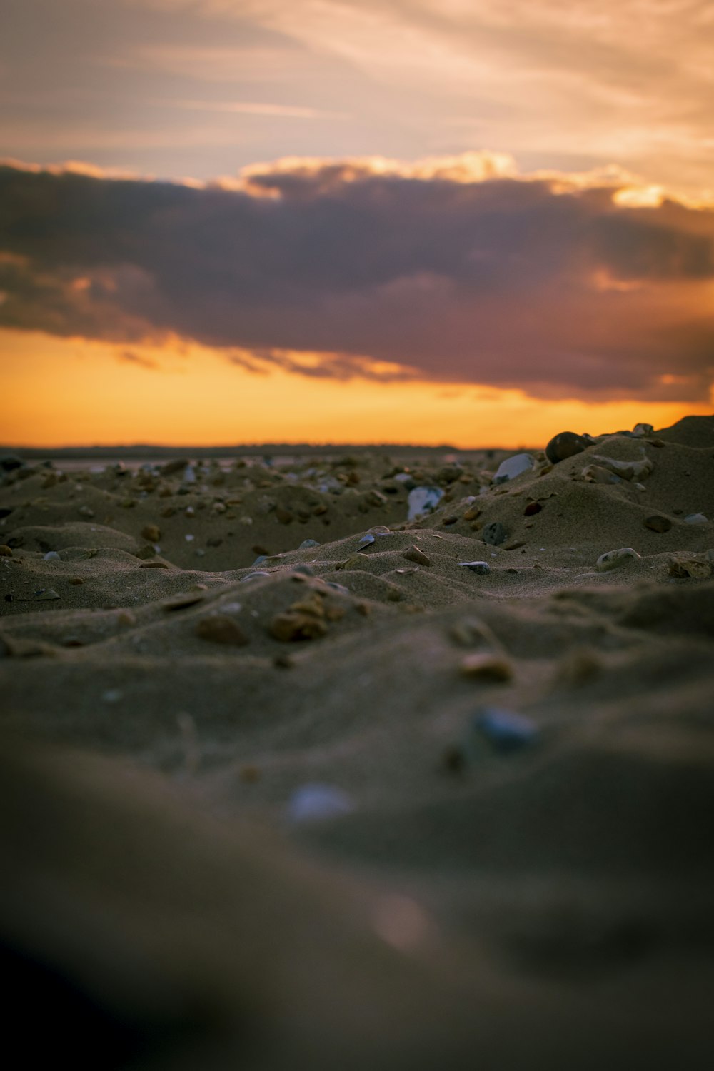 Una spiaggia rocciosa con un tramonto