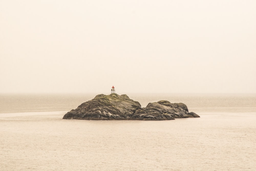 a person standing on a rock in the middle of the ocean