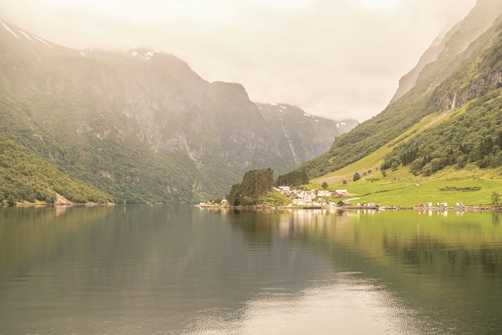 a lake surrounded by mountains