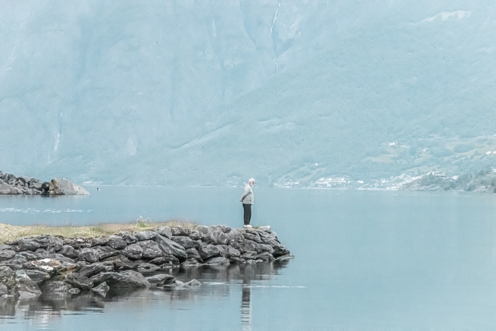 a person standing on a rock in the water