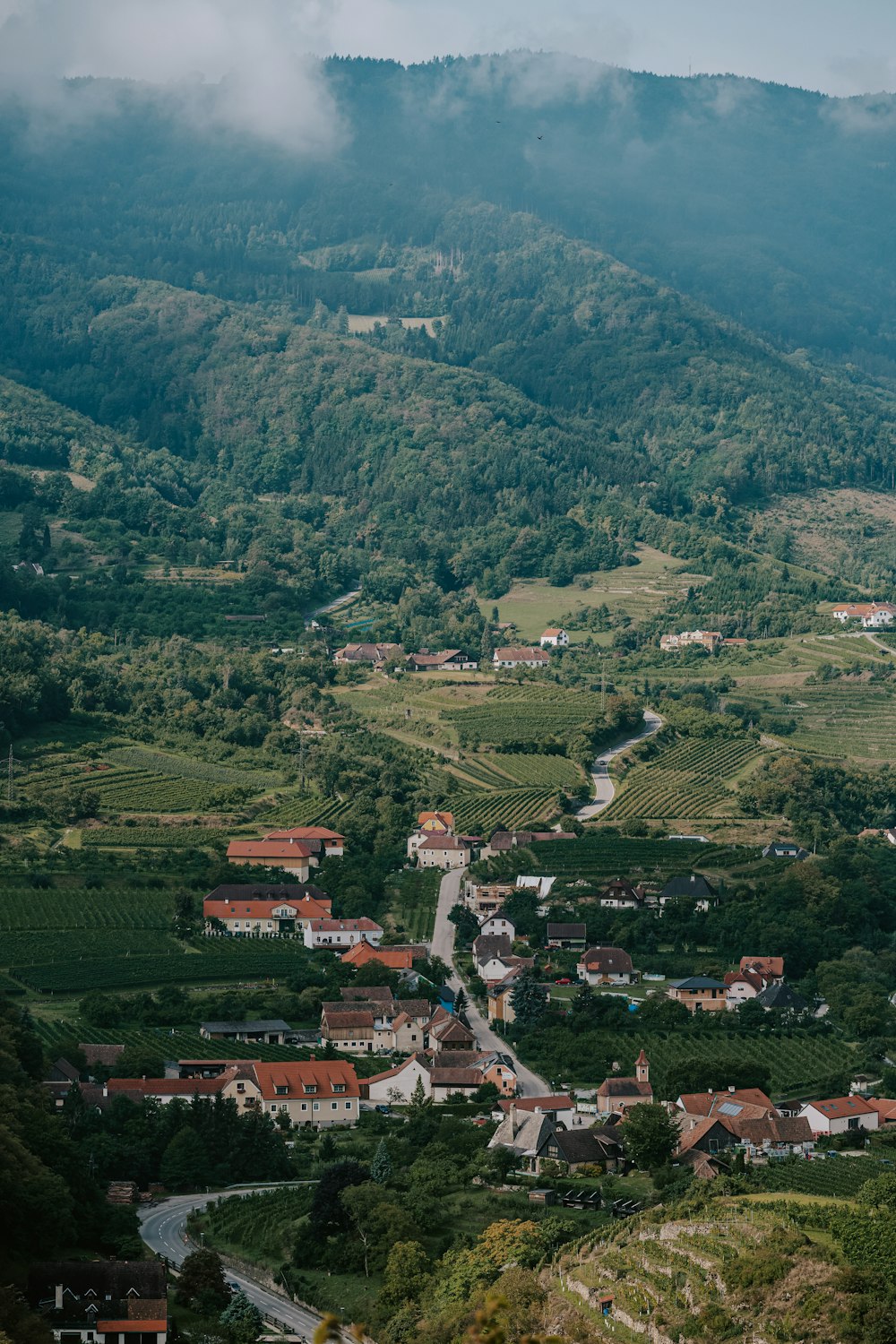 a town in the valley between mountains