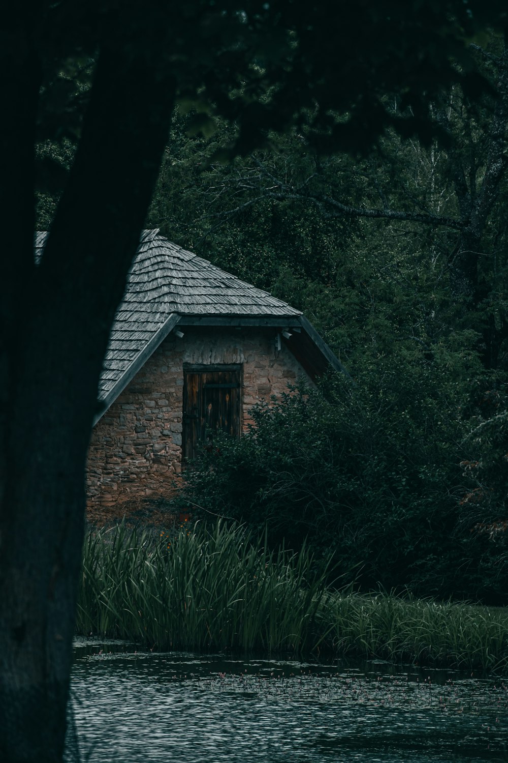 a small building by a river