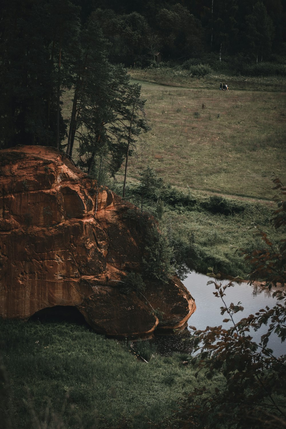 a large rock in a grassy area