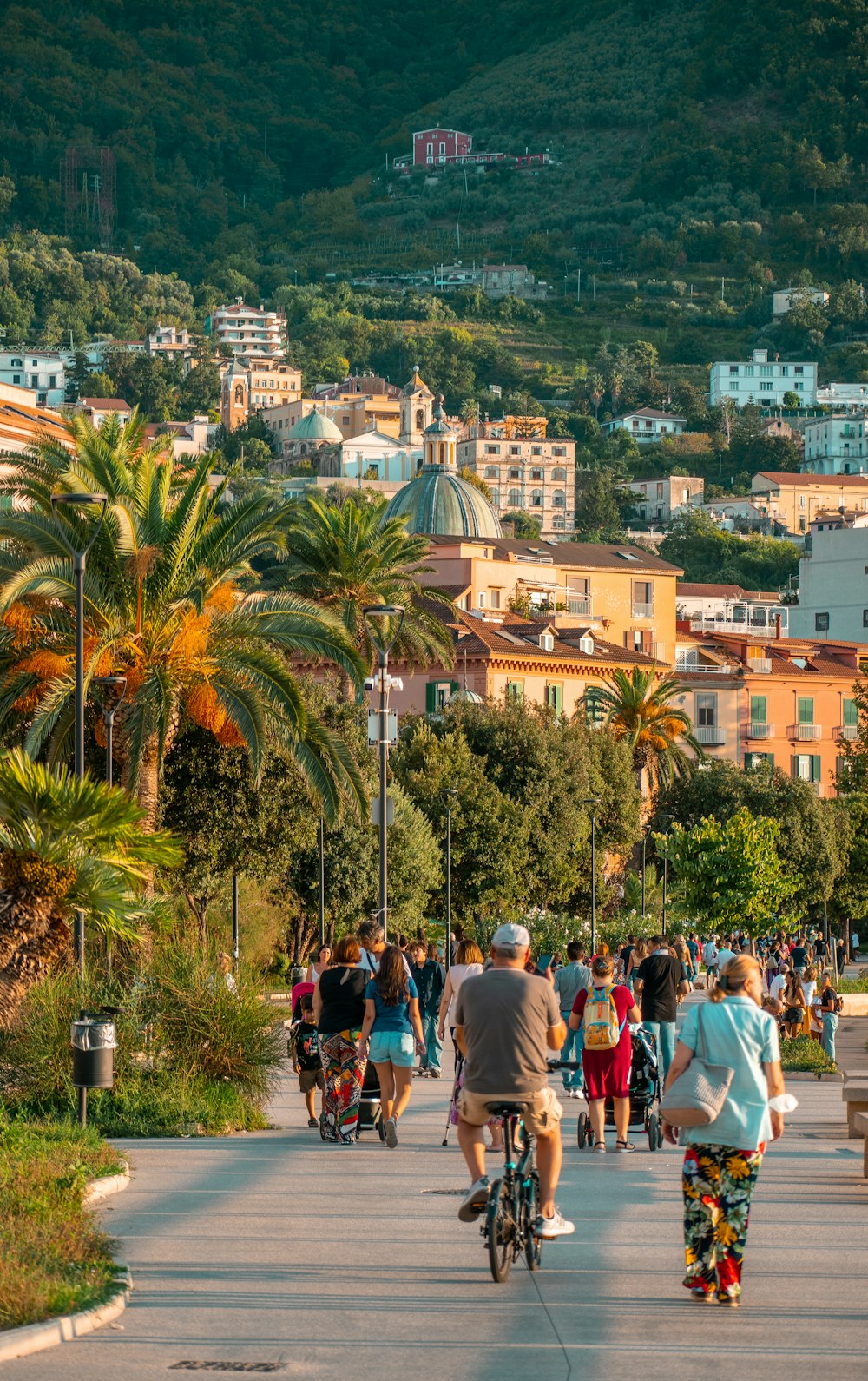 a group of people walking on a path with trees and buildings in the background