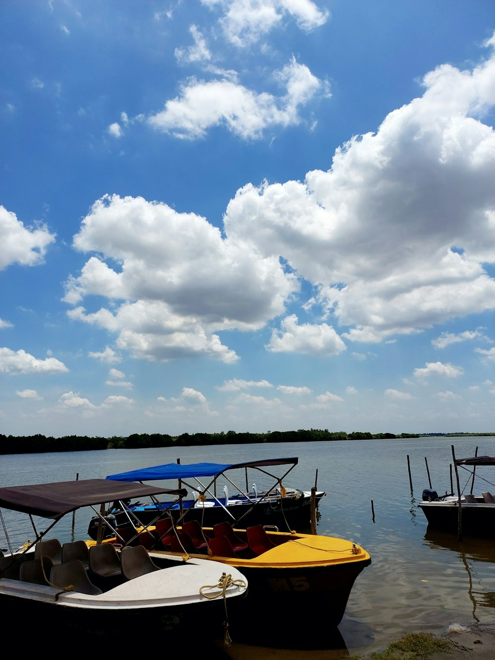 a group of boats on a lake