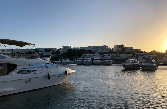 A serene marina at sunset with luxury yachts gently floating on calm waters.