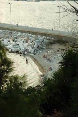 A small group of travelers quietly observing a coastal tide pool.