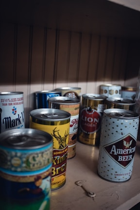 An organized shelf showcasing different beer can designs.