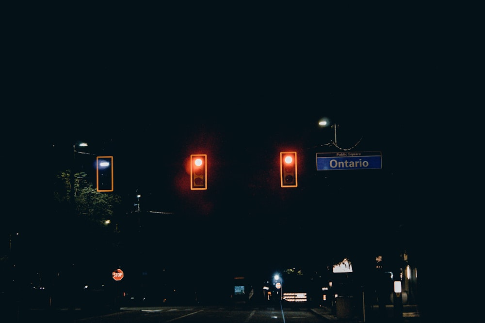 a traffic light at night
