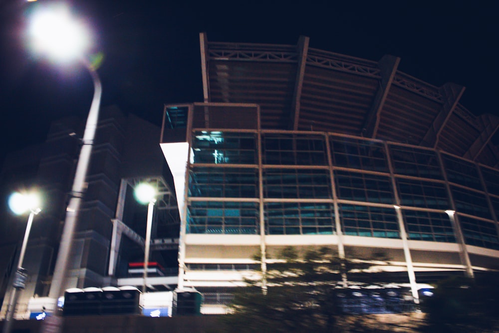 a building with lights on at night