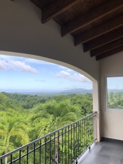 a balcony overlooking a forest