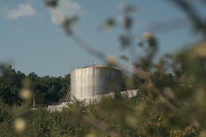 A large industrial tank stands in a natural setting surrounded by trees and foliage. The tank is cylindrical with a metallic finish, and there is a staircase leading to its top. The foreground is slightly blurred with plants and branches, while the background shows a clear blue sky with a few clouds.