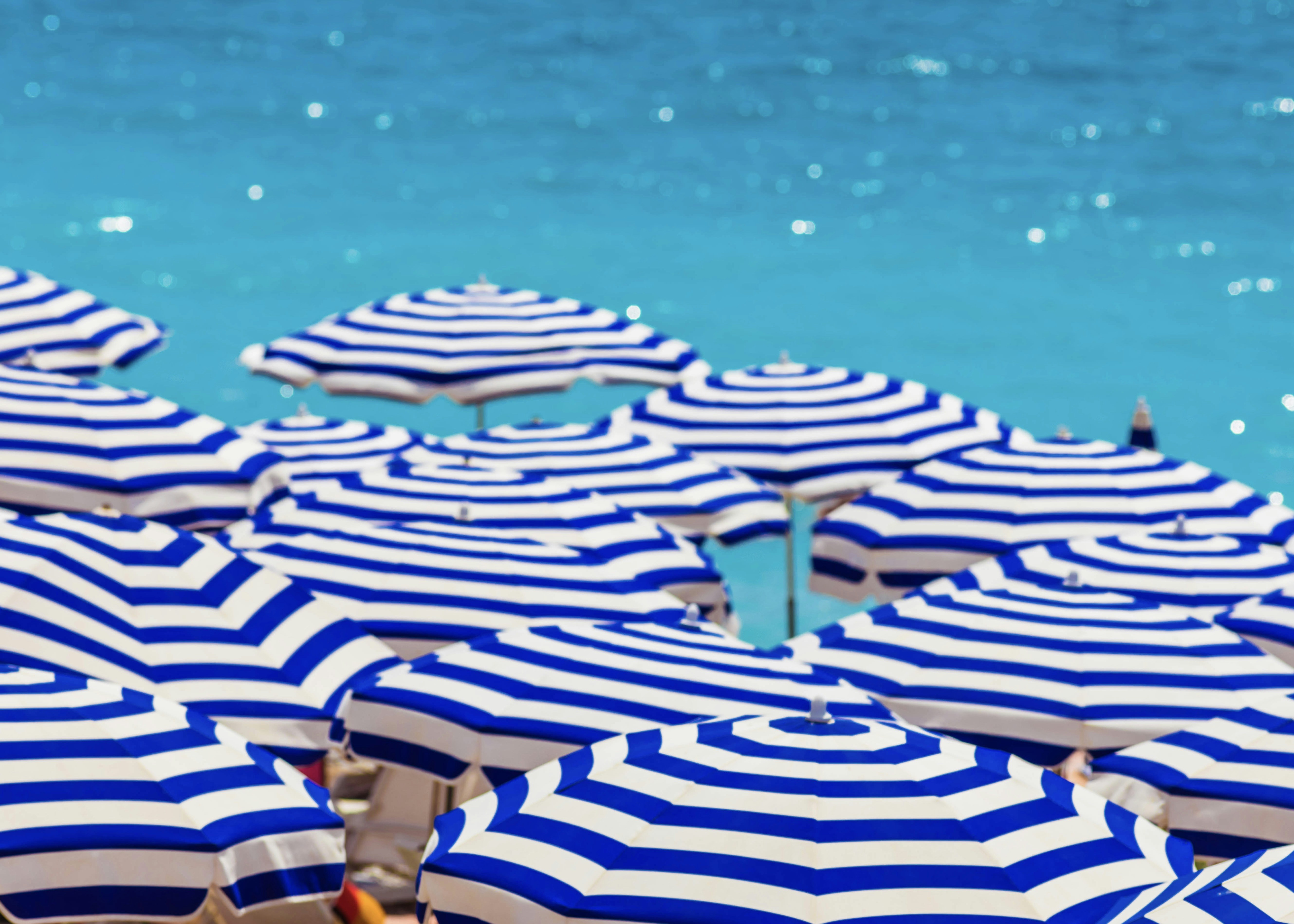 a group of umbrellas in the water