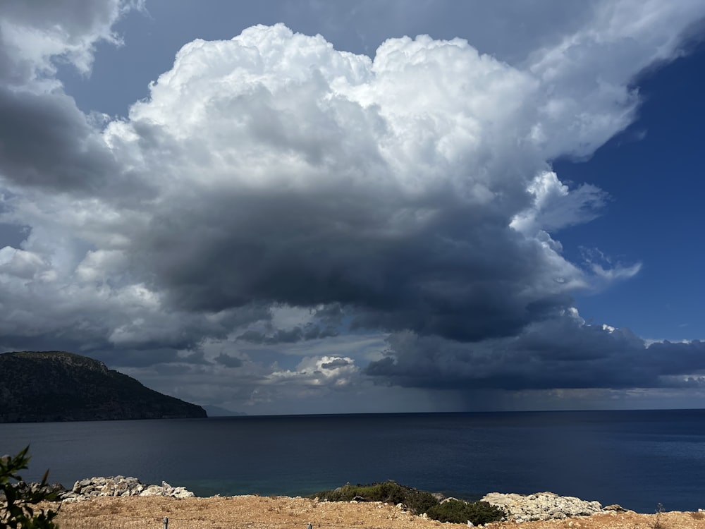 a body of water with a cloudy sky above it