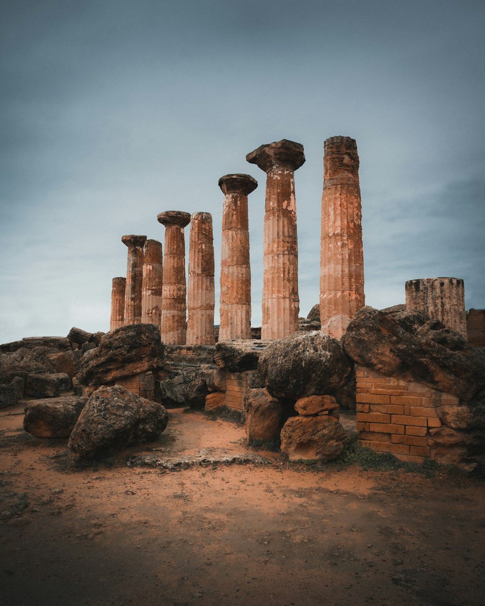 a group of stone pillars