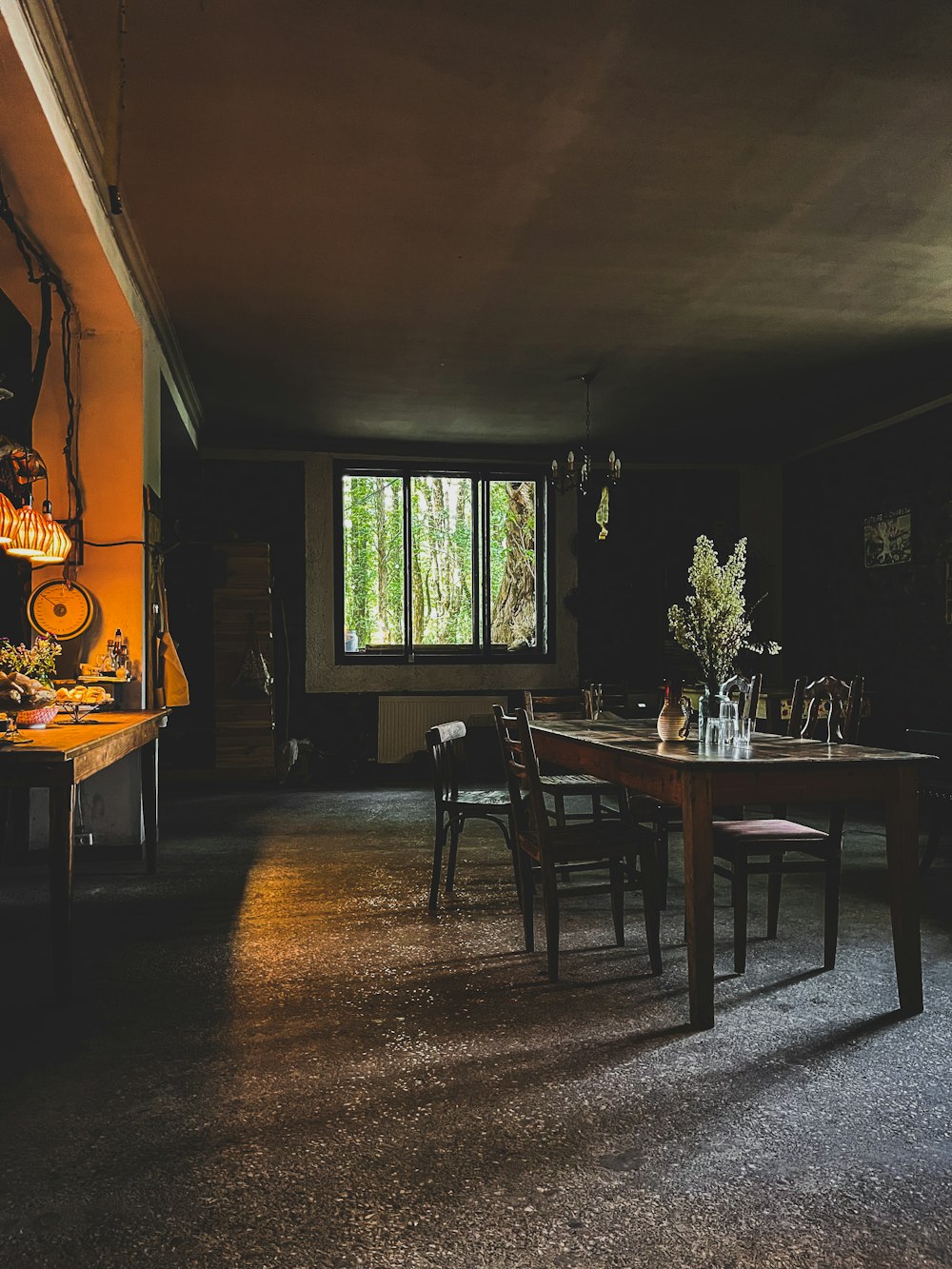 a dining room with a large window