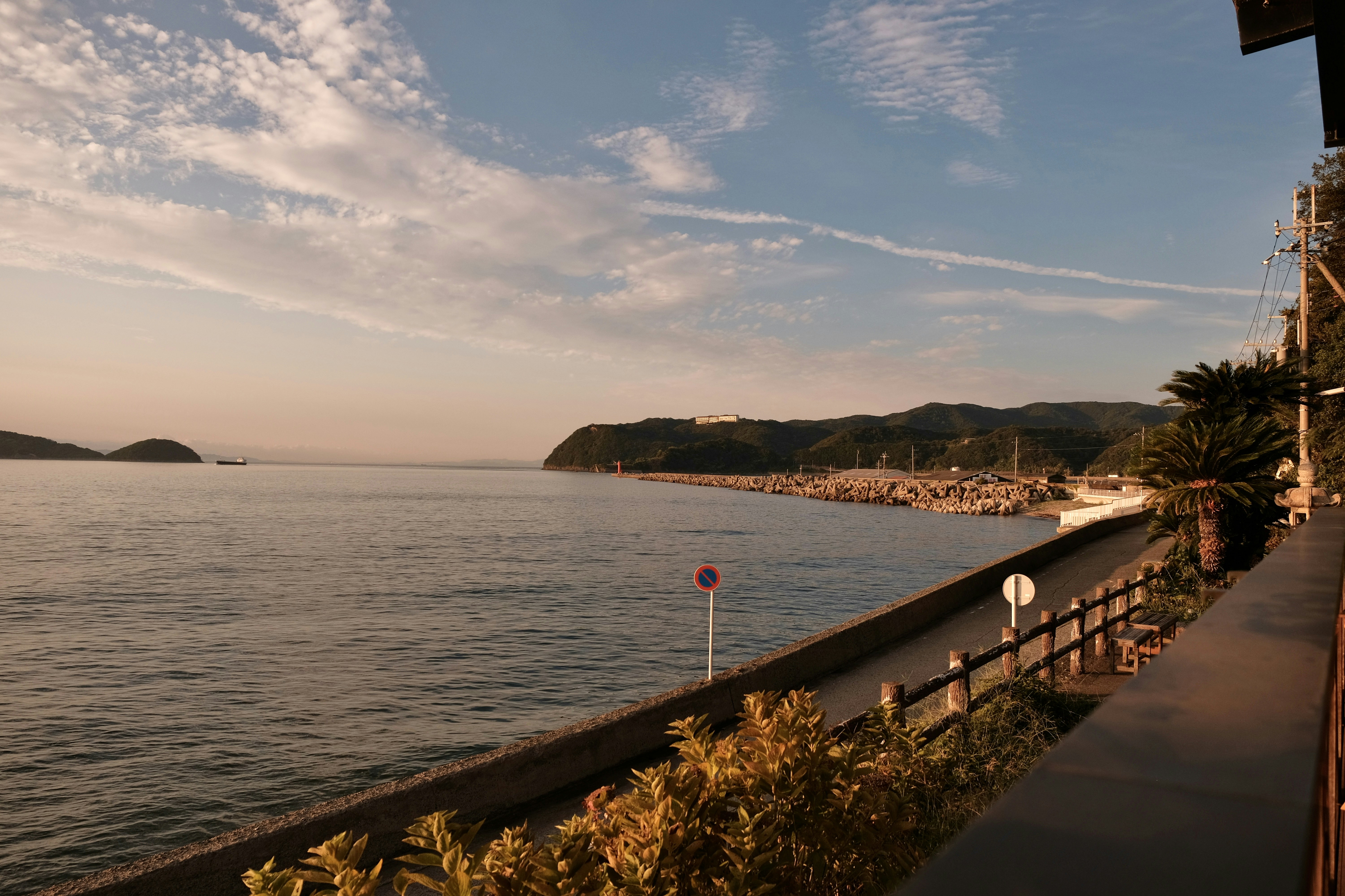 a body of water with a walkway and trees on the side